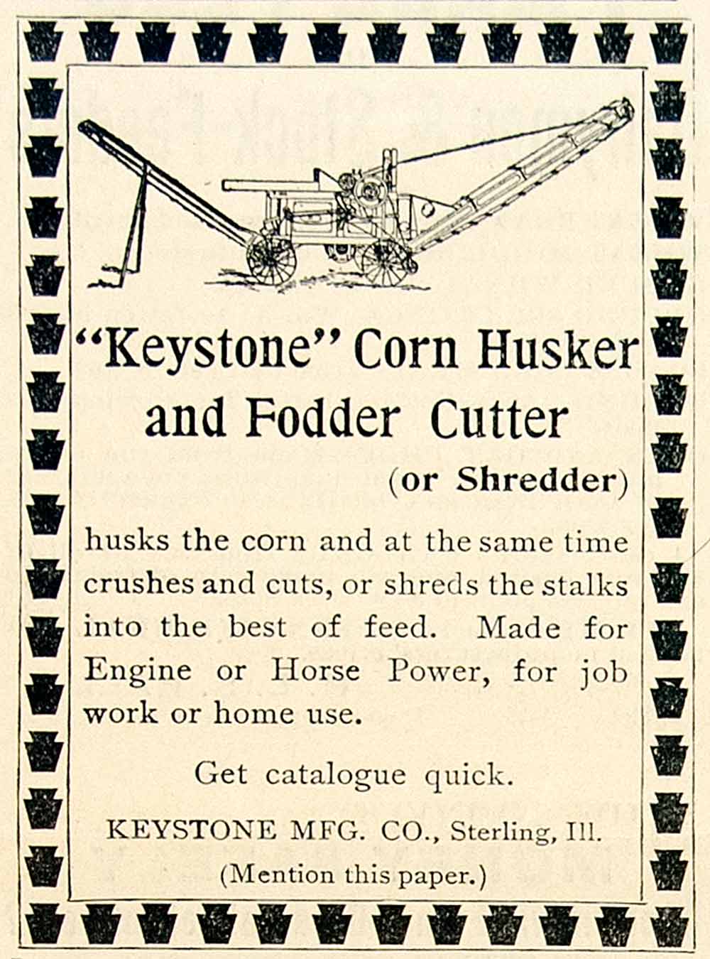 1894 Ad Keystone Corn Husker Fodder Cutter Farm Machinery Sterling IL CCG1