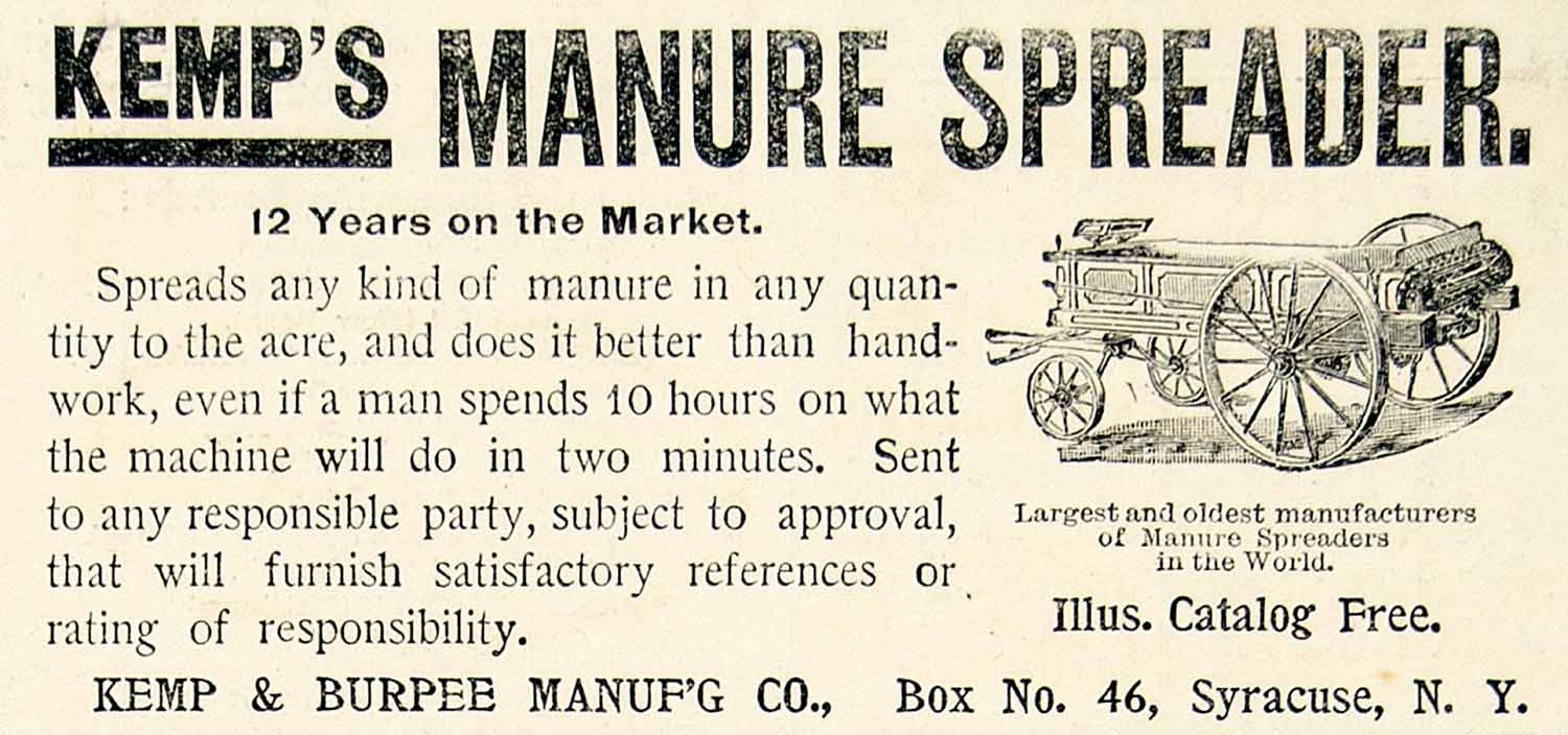 1894 Ad Kemp Burpee Manure Spreader Farm Machinery Agriculture Syracuse NY CCG1