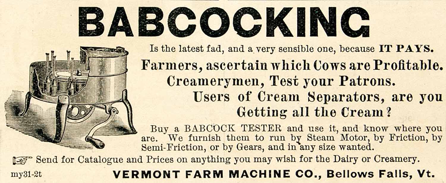 1894 Ad Vermont Farm Machine Babcock Milk Tester Device Dairy Farm Steam CCG1