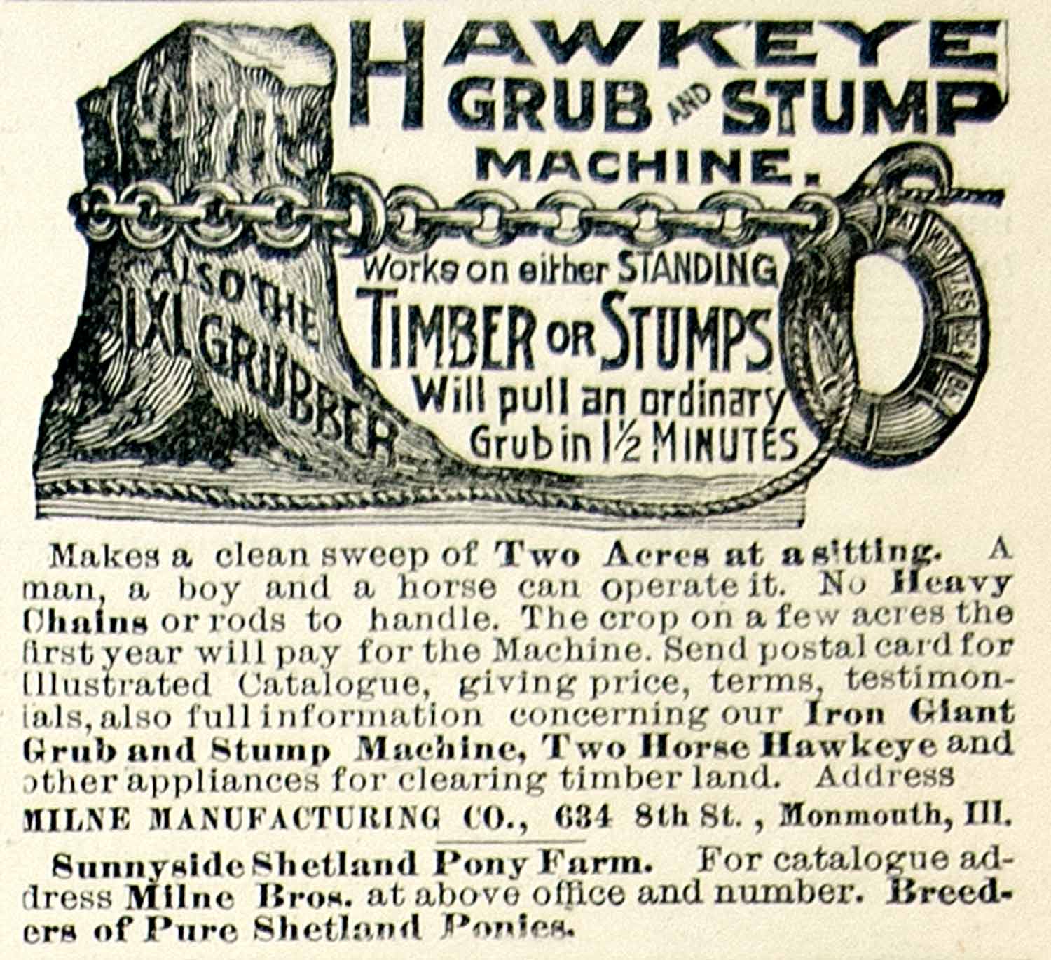 1895 Ad Hawkeye Grub Stump Farm Machine Timber Milne 634 8th St Monmouth IL CCG1