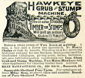 1895 Ad Hawkeye Grub Stump Farm Machine Timber Milne 634 8th St Monmouth IL CCG1