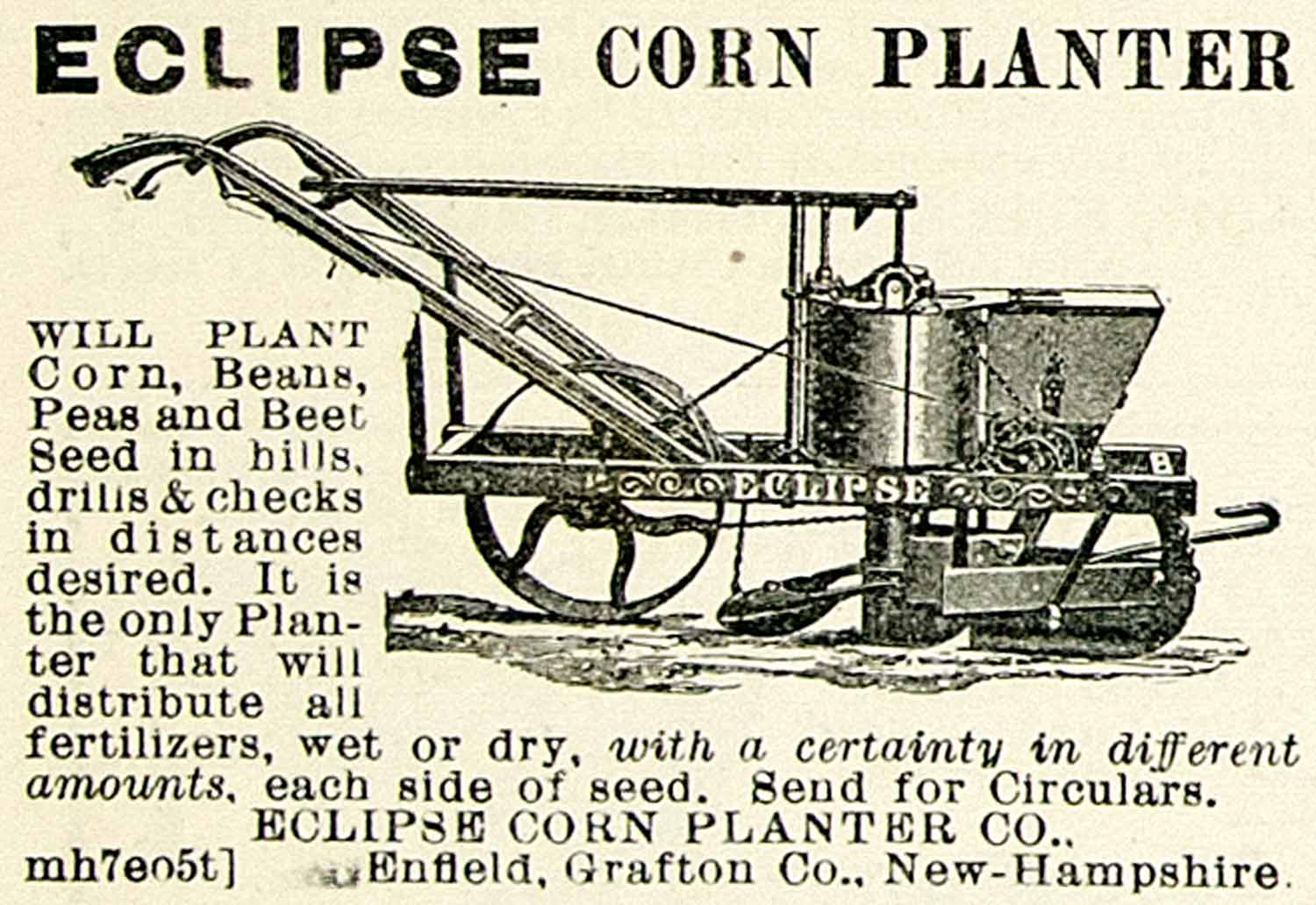 1895 Ad Eclipse Corn Planter Farm Machinery Drill Cultivator Seed CCG1