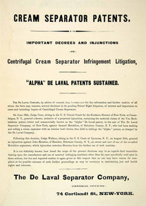 1895 Ad De Laval Cream Separator Dairy Farming Centrifugal 74 Cortlandt St CCG1