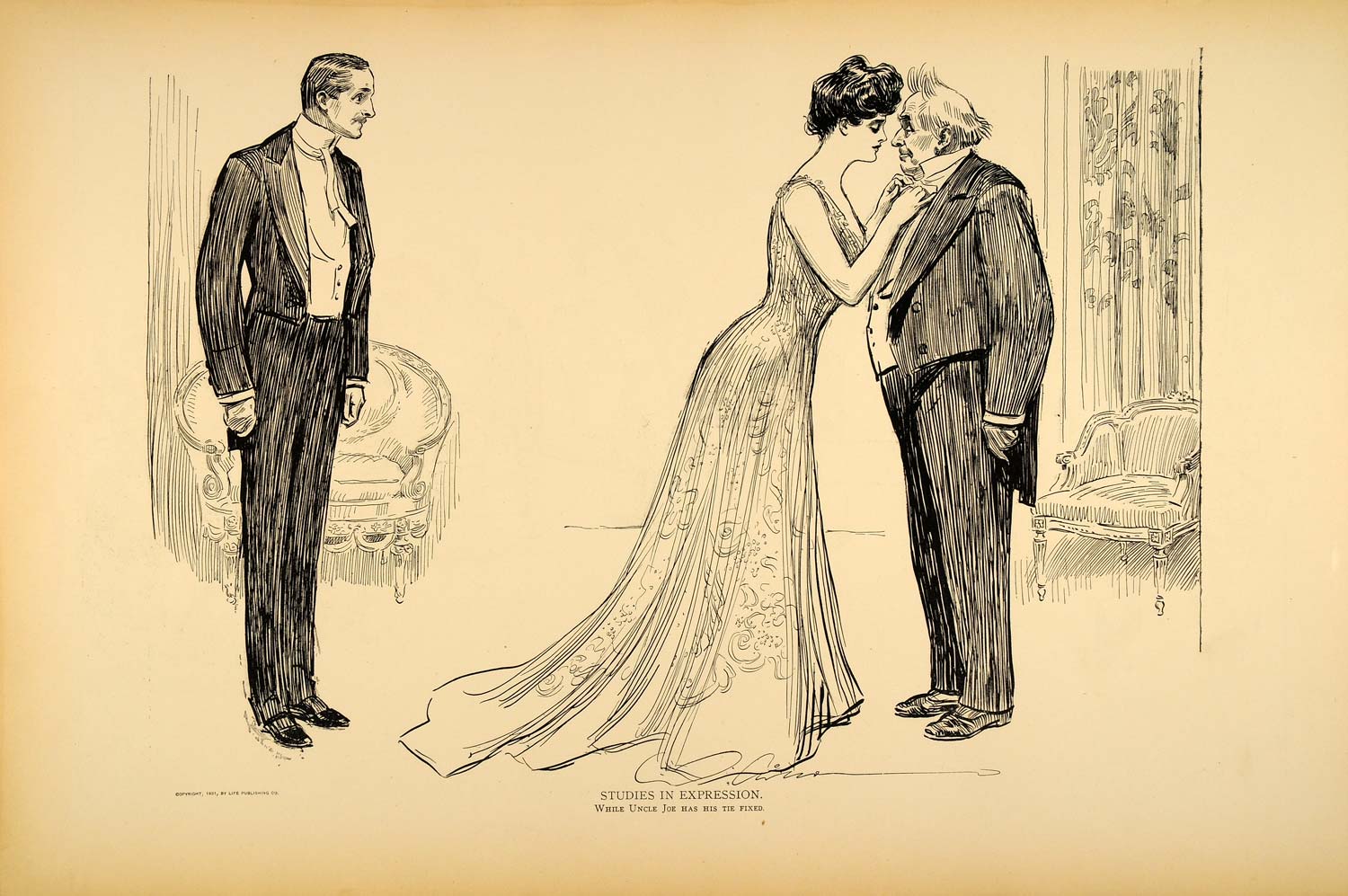 1906 Print Charles Dana Gibson Girl Suitor Romance Uncle Joe Victorian Drawing