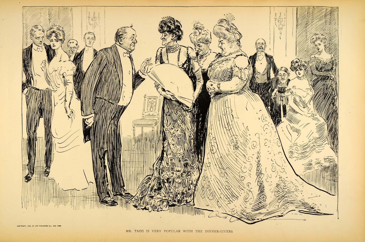 1906 Print Charles Dana Gibson Girl Dowager Mr. Tagg Victorian Society Satire