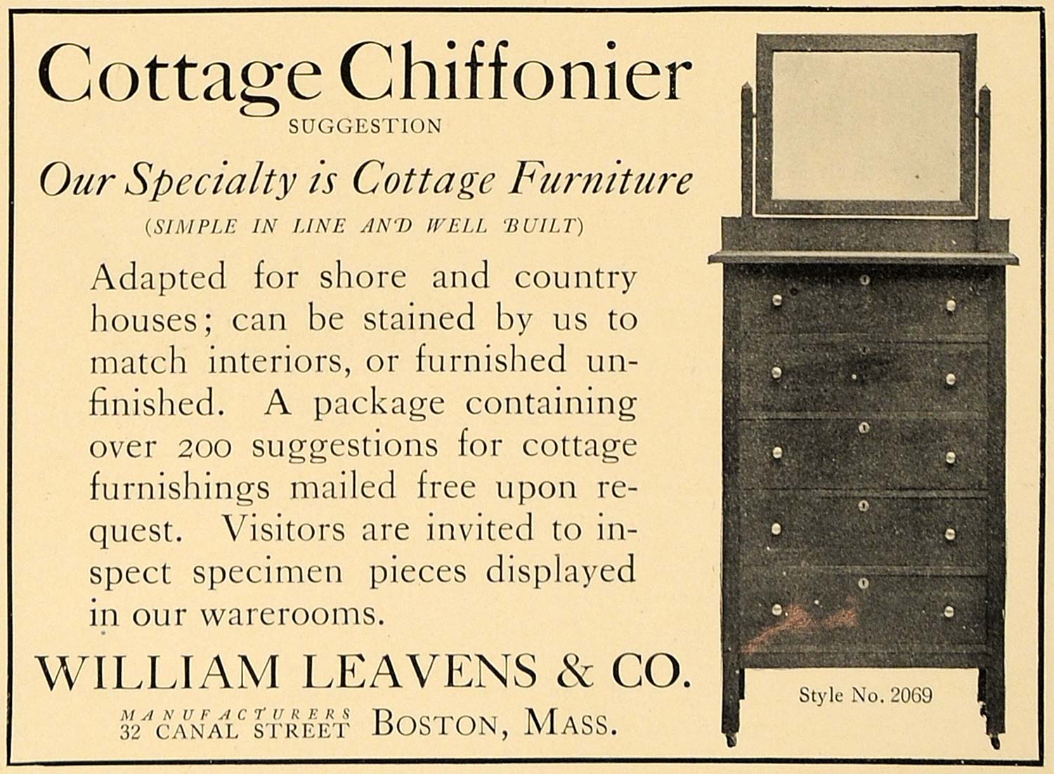 1907 Ad Cottage Chiffonier William Leavens Furniture - ORIGINAL ADVERTISING CL4