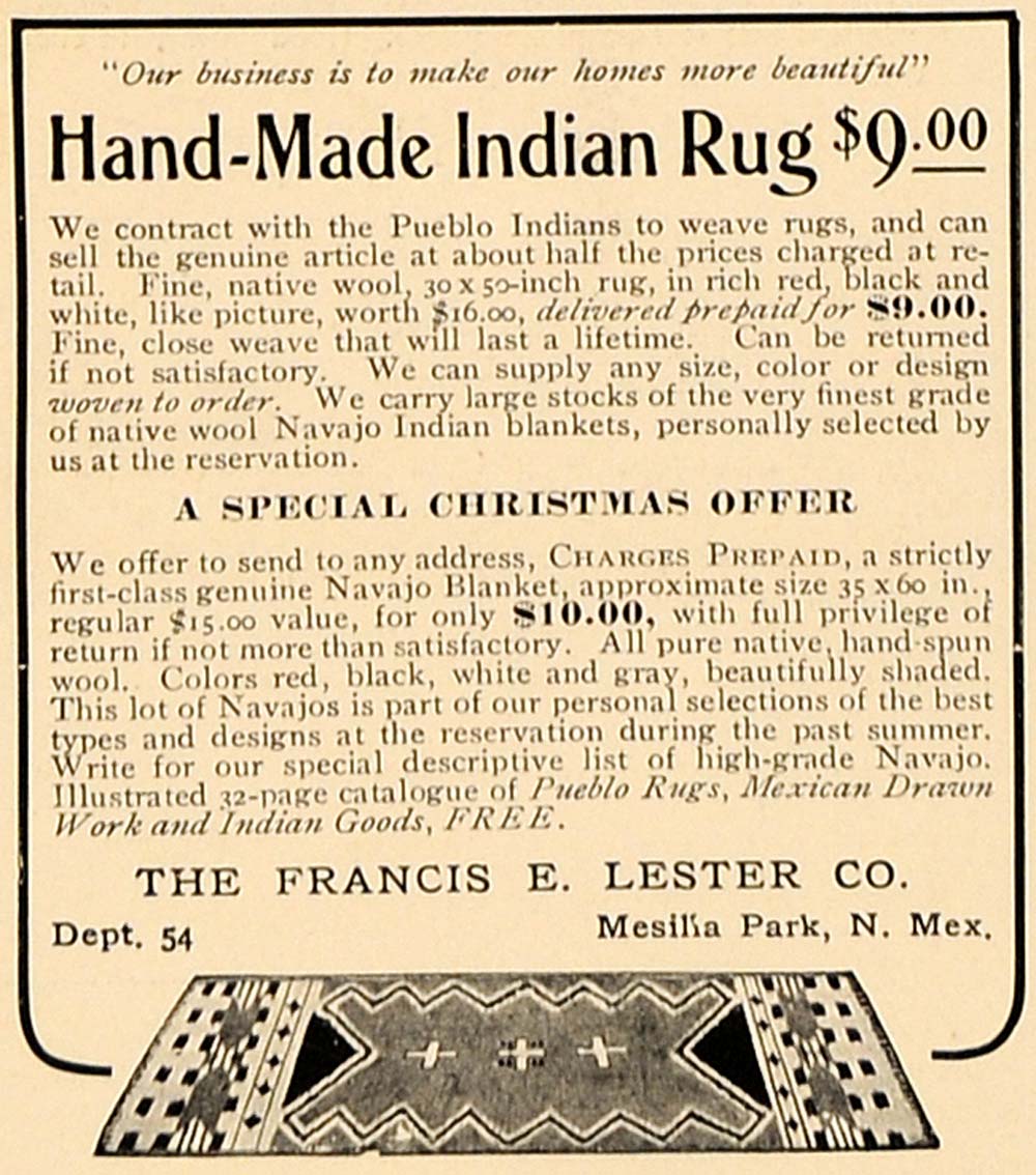 1906 Ad Hand Made Indian Rug Francis E Lester Company - ORIGINAL ADVERTISING CL4