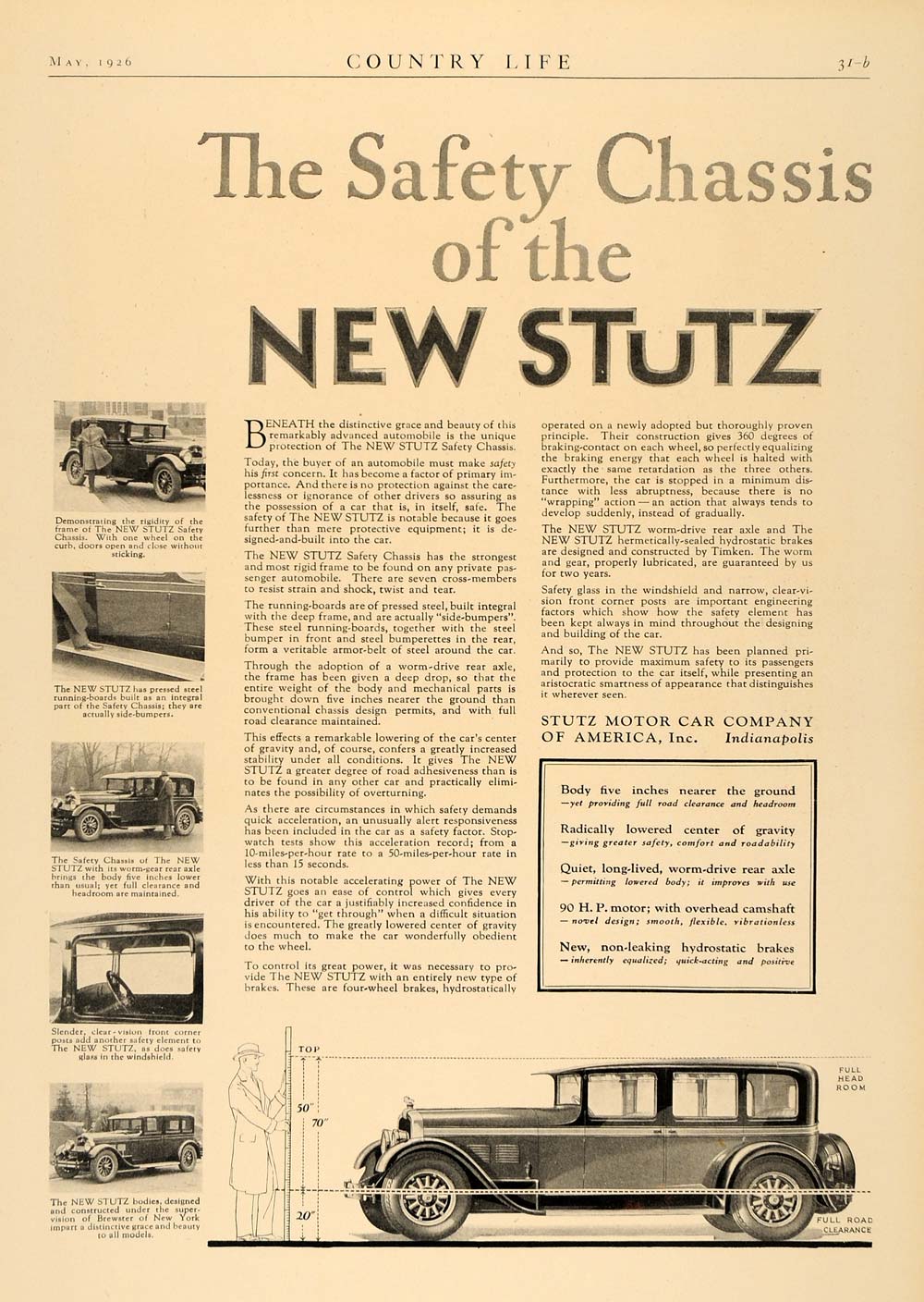 1926 Ad Stutz Antique Car Safety Chassis Indianapolis - ORIGINAL ADVERTISING CL6