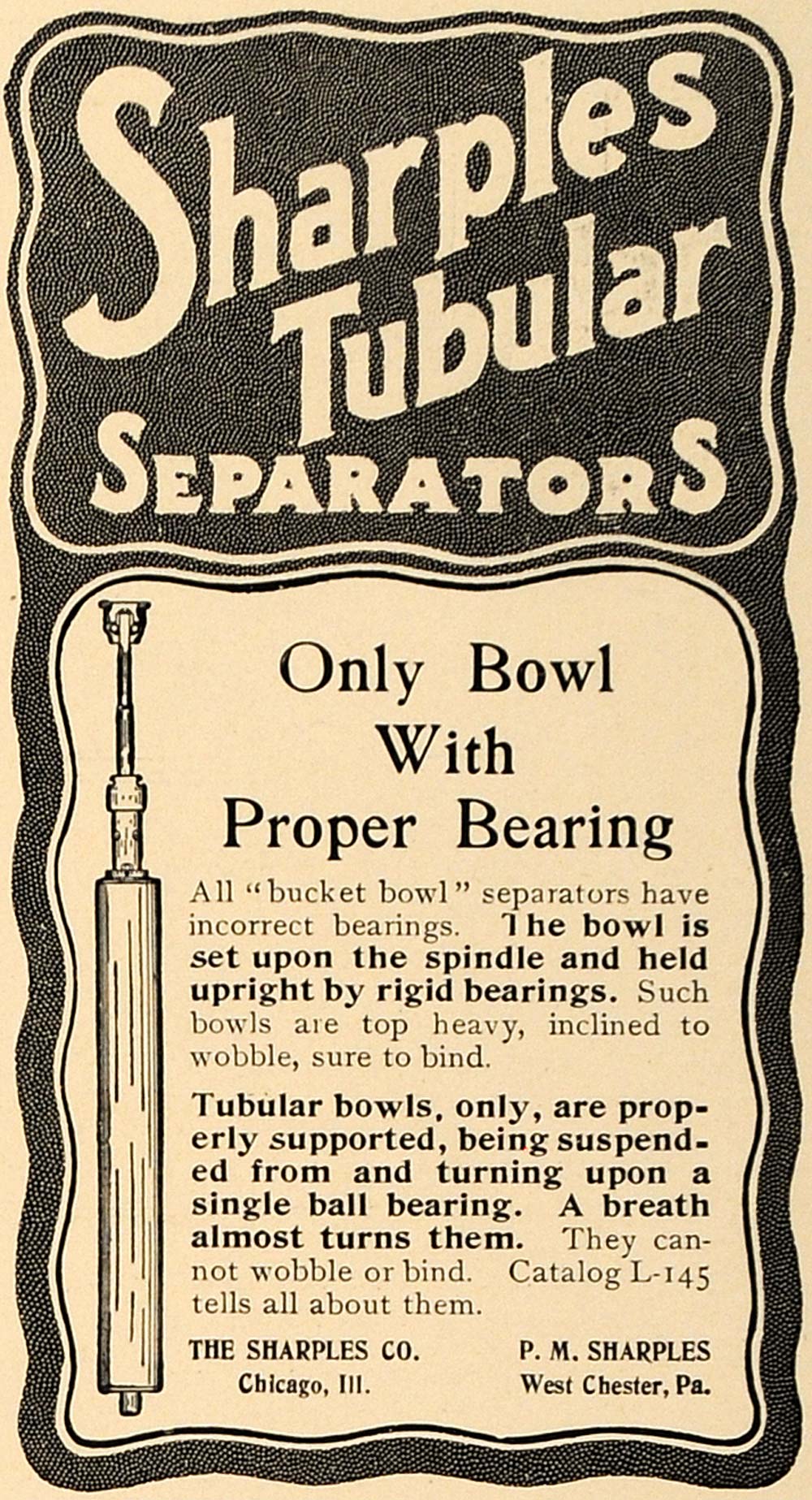 1905 Ad P M Sharples Company Tubular Separators Bowl - ORIGINAL ADVERTISING CL7