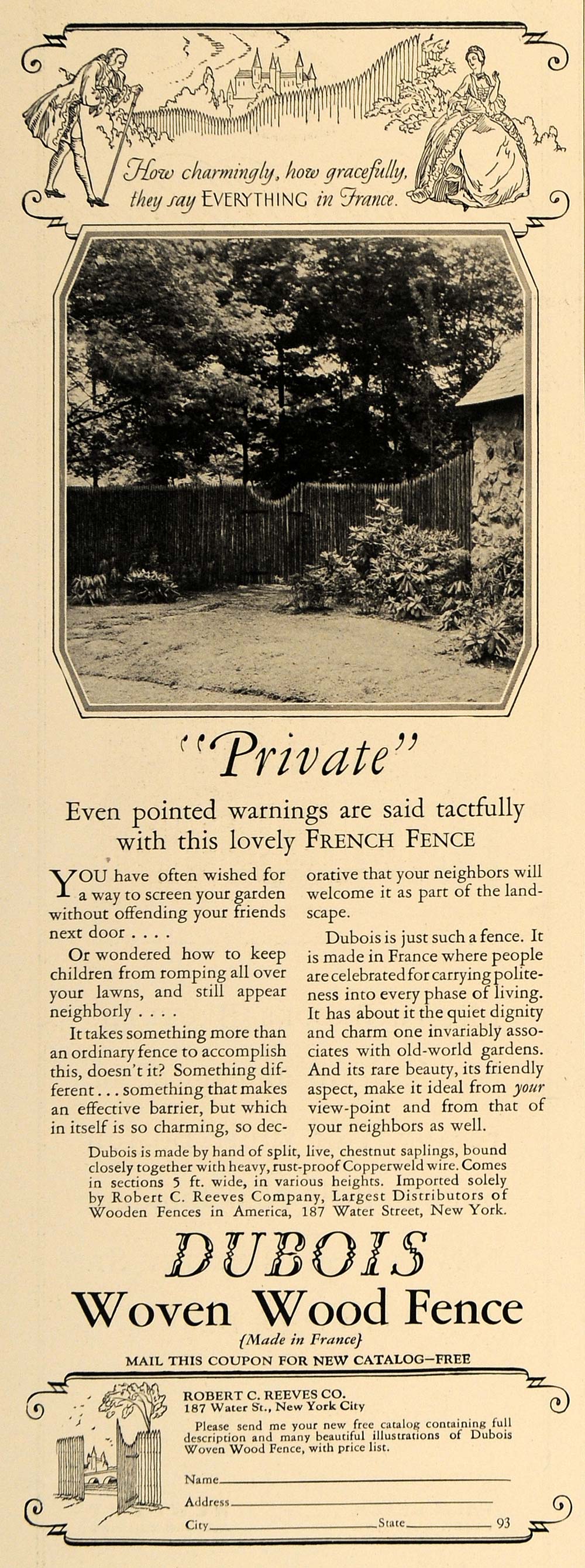 1928 Ad Dubois Woven Wood Fence Robert C Reeves Company - ORIGINAL CL7