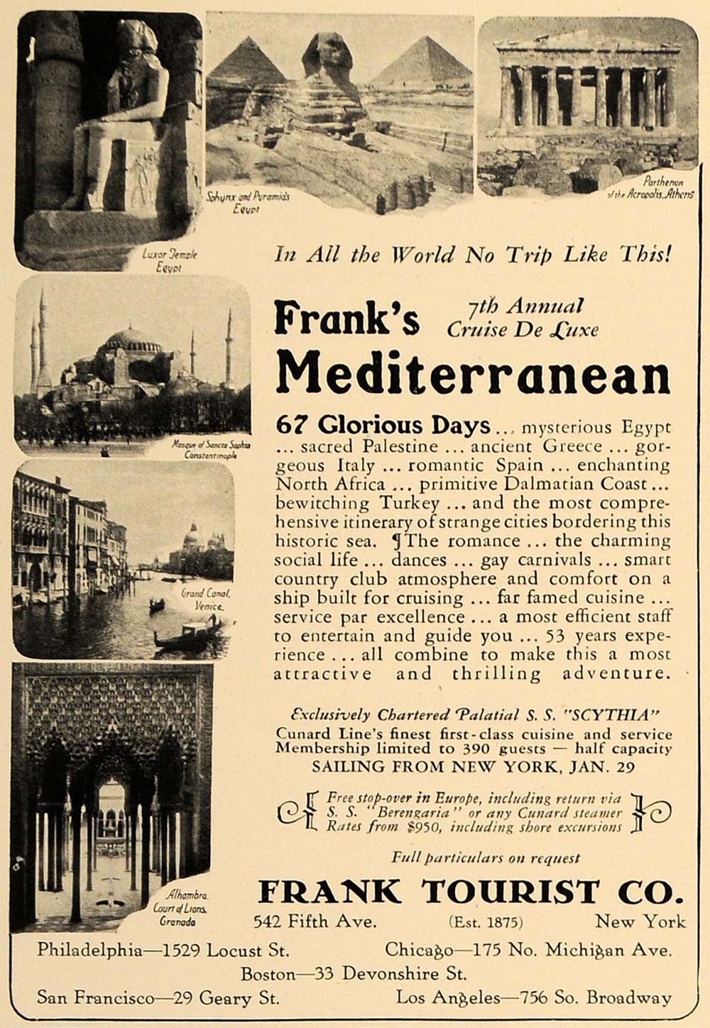 1928 Ad Frank Tourist Company Cunard Line Cruise Sphynx - ORIGINAL CL7