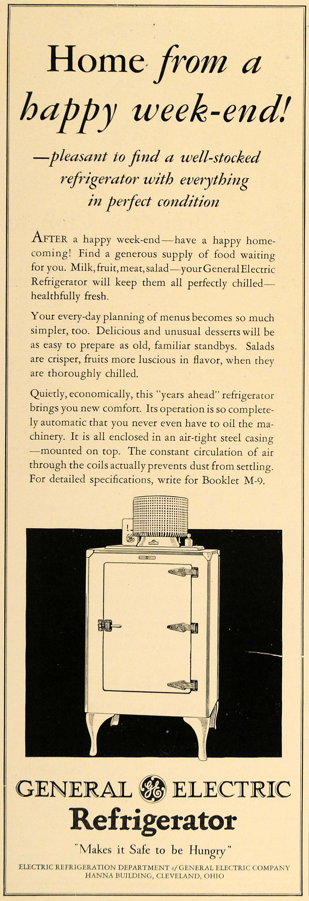 1928 Ad General Electric Refrigerator Safe to be Hungry - ORIGINAL CL7