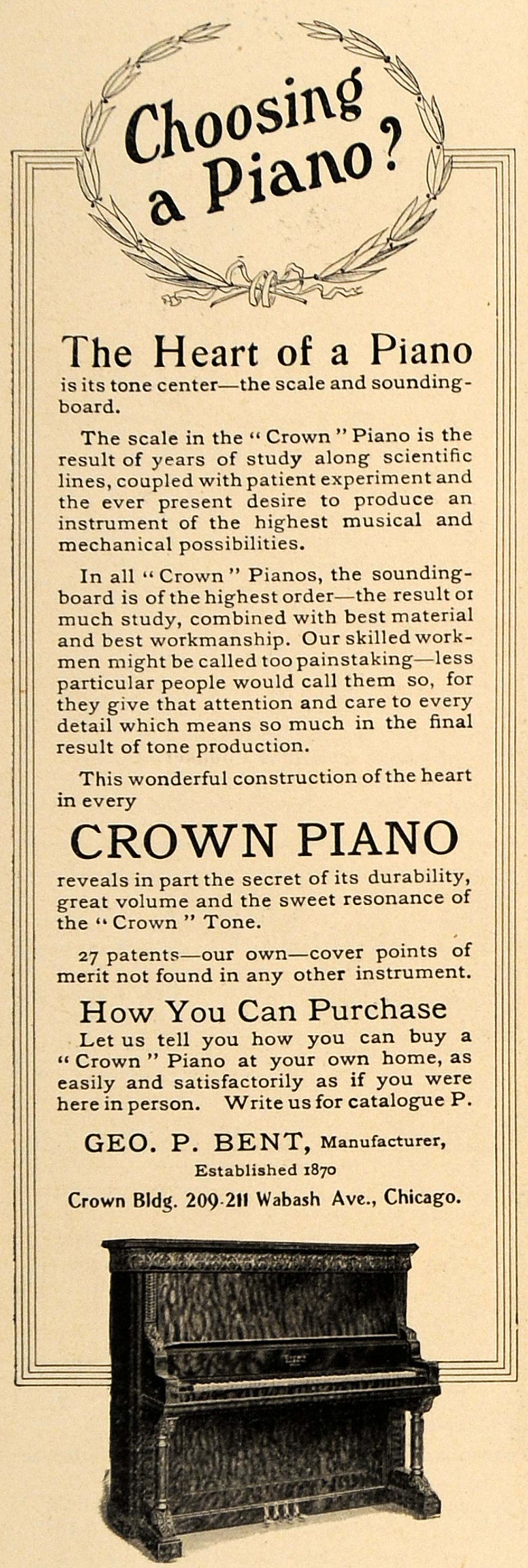 1906 Ad Crown Piano Geo P Bent Musical Instruments - ORIGINAL ADVERTISING CL8