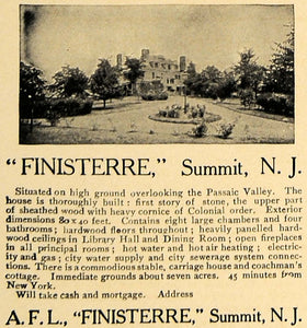 1907 Ad A.F.L. Finisterre Sale Summit NJ Passaic Valley - ORIGINAL CL8