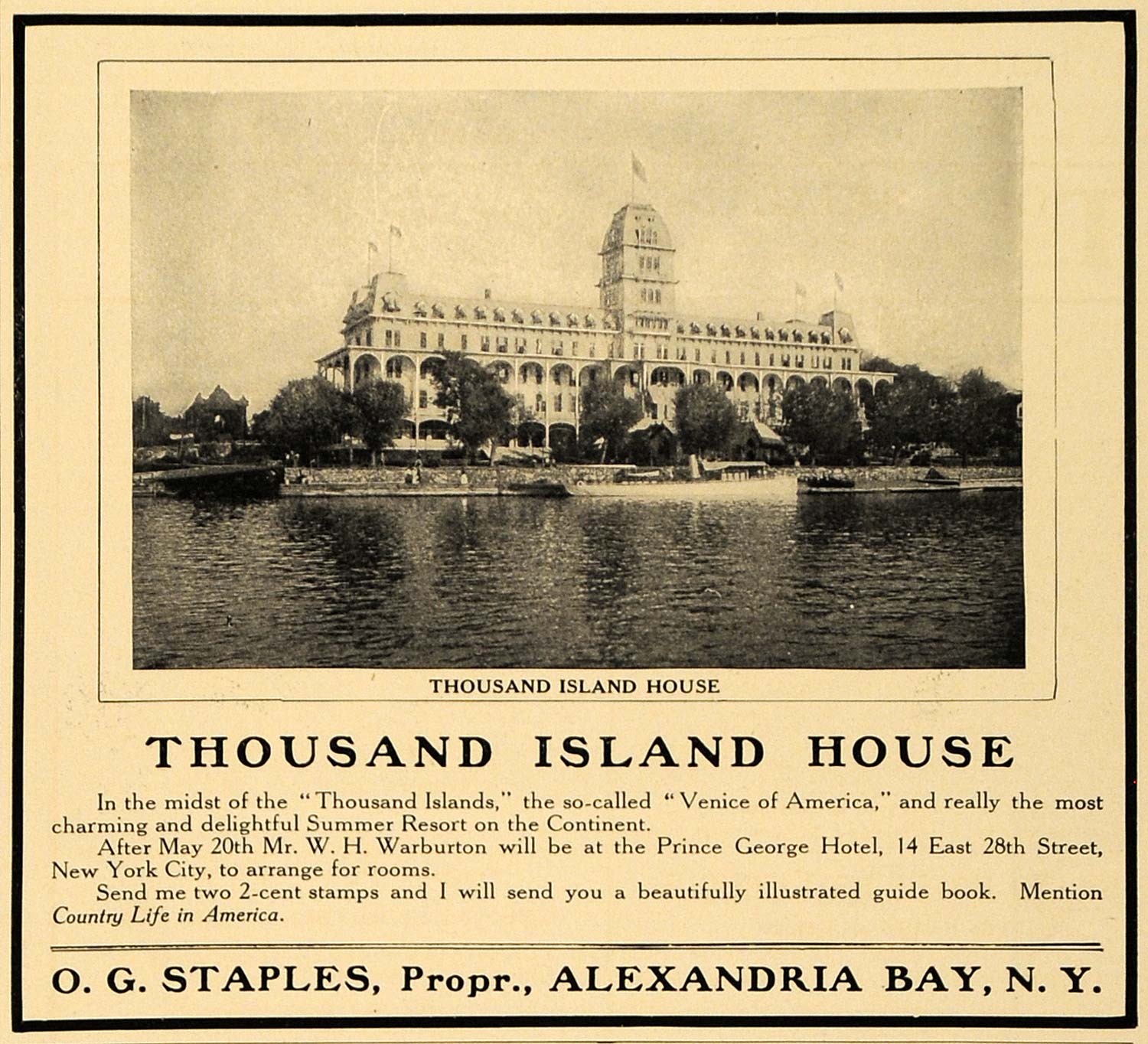 1907 Ad Thousand Island House New York W.H. Warburton - ORIGINAL ADVERTISING CL8