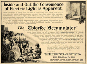 1913 Ad Chloride Acuumulator Electric Lighting Plant - ORIGINAL ADVERTISING CL8