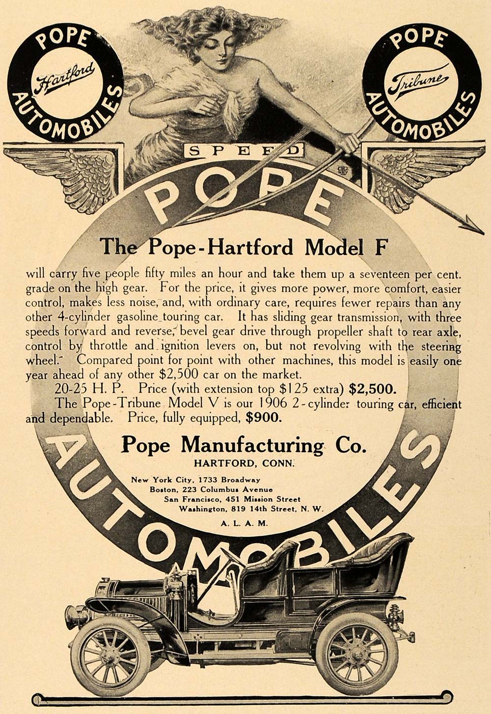 1906 Ad Pope Manufacturing Hartford Model F Car Cherub - ORIGINAL CL8