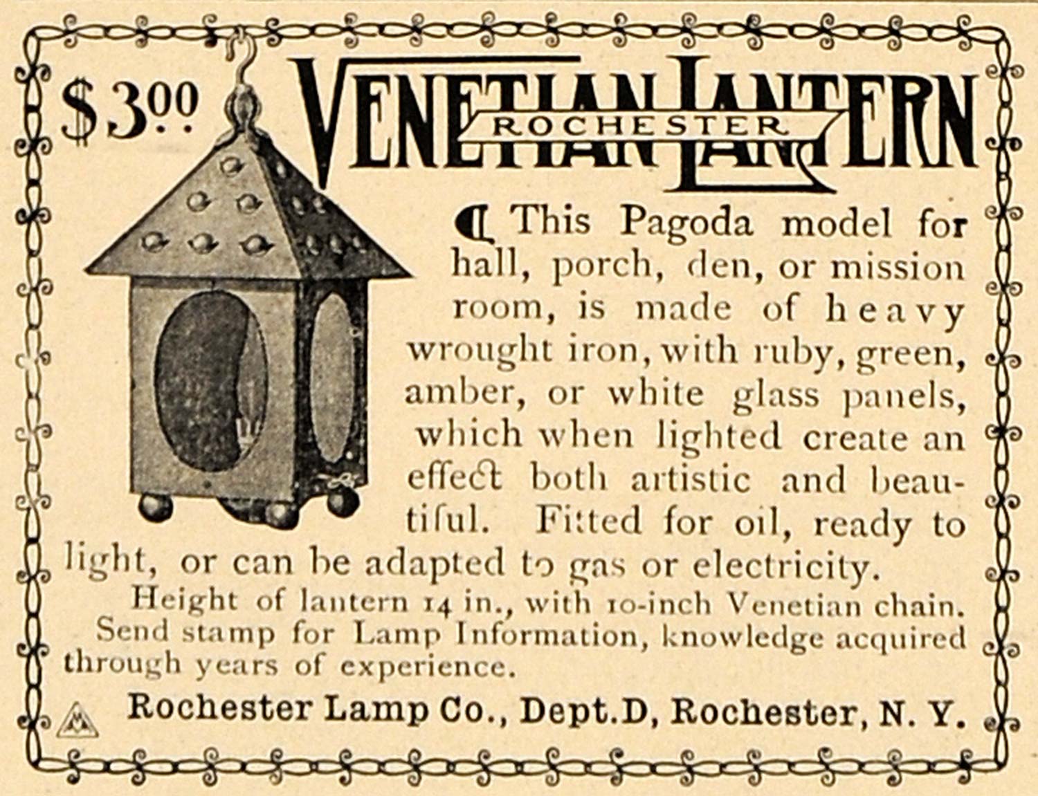 1907 Ad Venetian Lantern Light Fixture Rochester Lamp - ORIGINAL ADVERTISING CL9