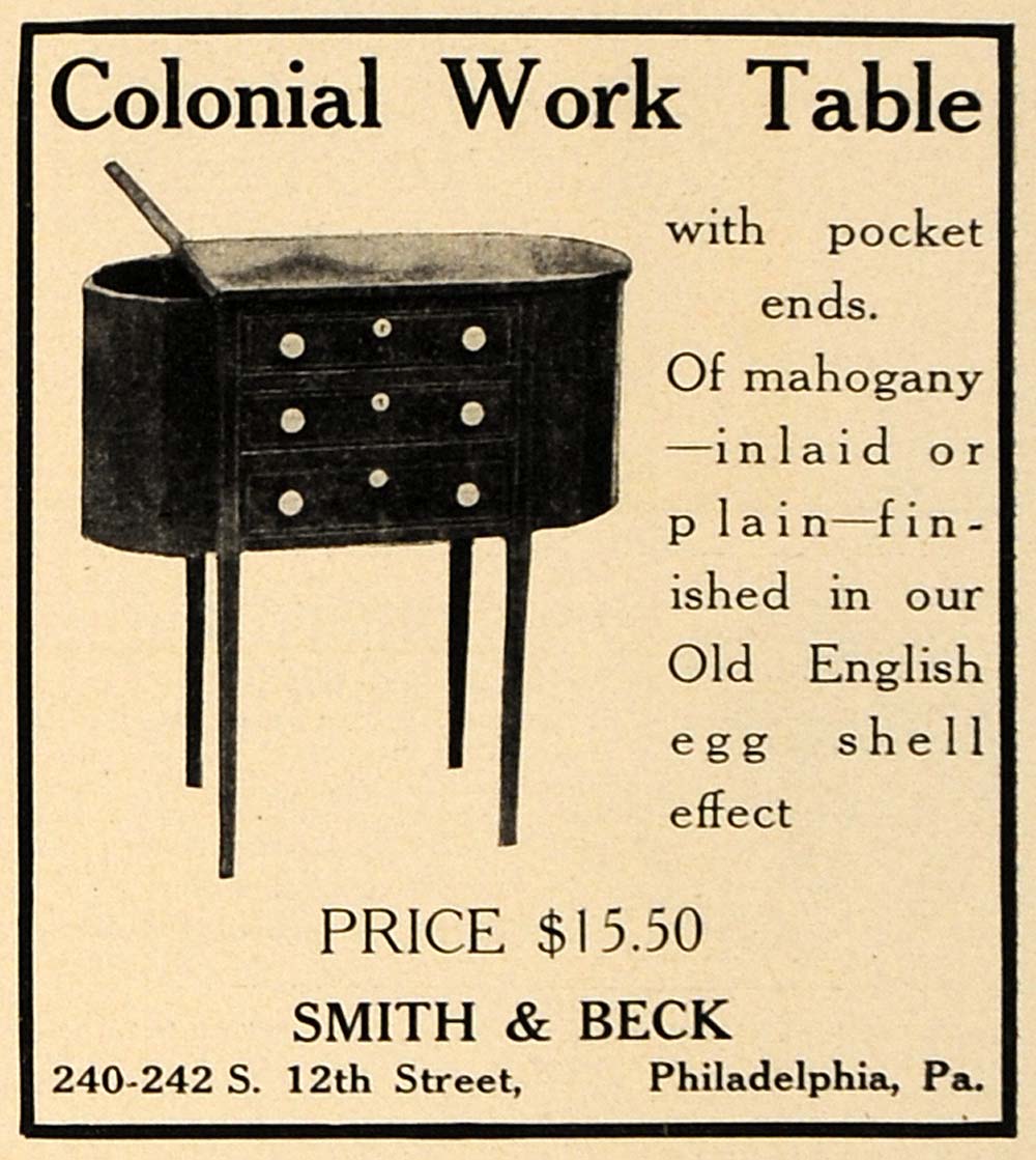 1907 Ad Smith Beck Colonial Work Table Pricing PA - ORIGINAL ADVERTISING CL9