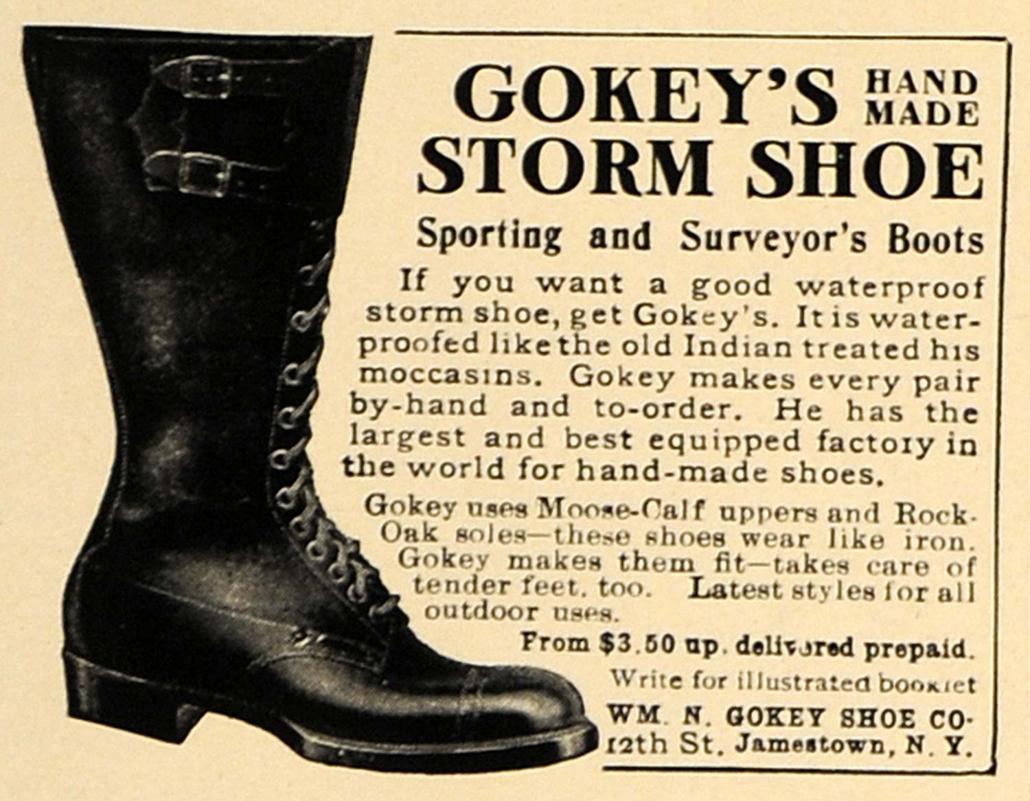 1907 Ad Gokey's Handmade Storm Shoe Surveyor Boot NY - ORIGINAL ADVERTISING CL9