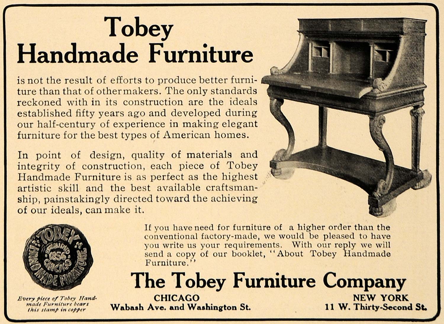 1907 Ad Tobey Handmade Furniture Desk Chicago New York - ORIGINAL CL9