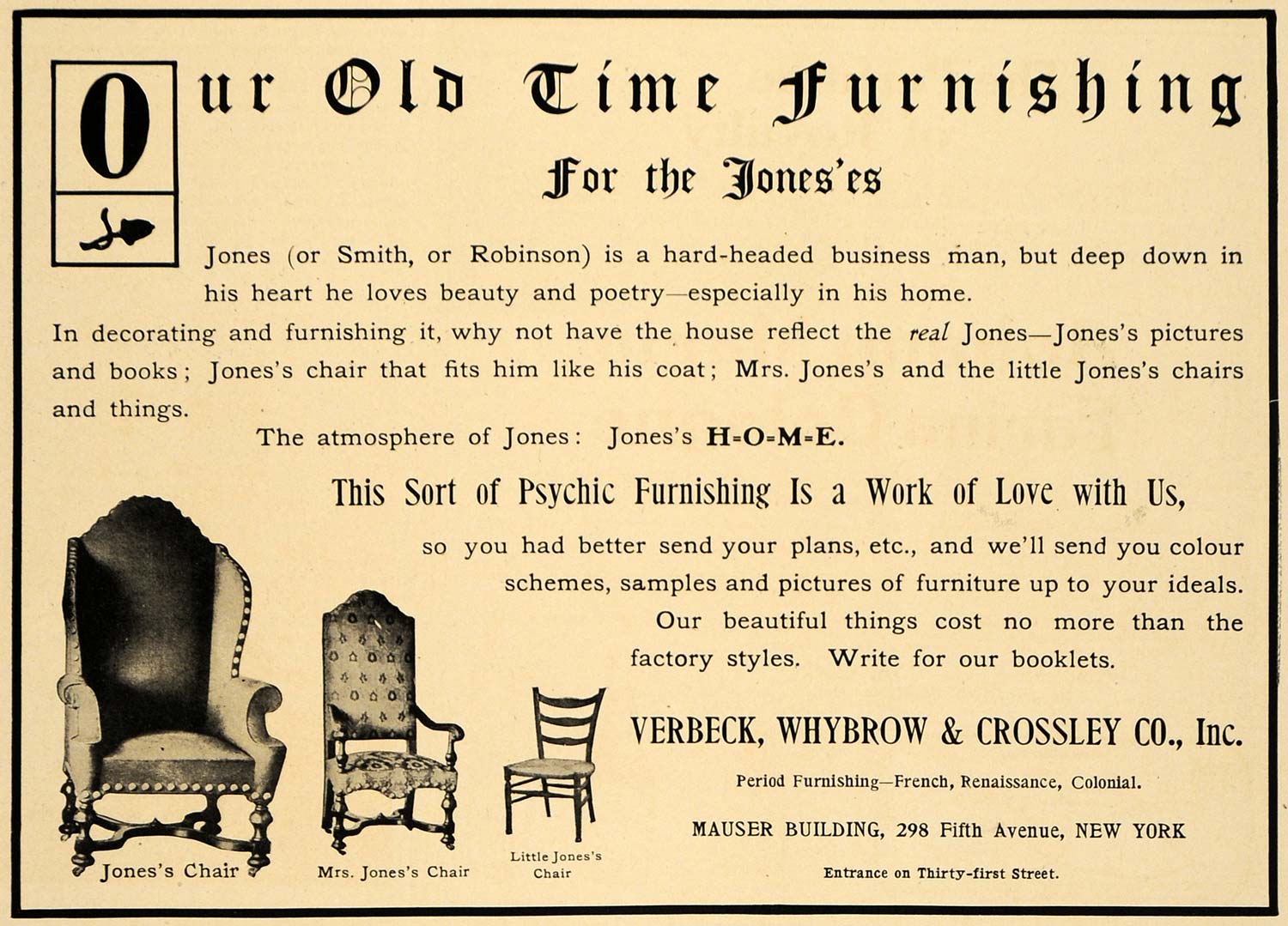1907 Ad Verbeck Whybrow Crossley Jones Chair Furnishing - ORIGINAL CL9