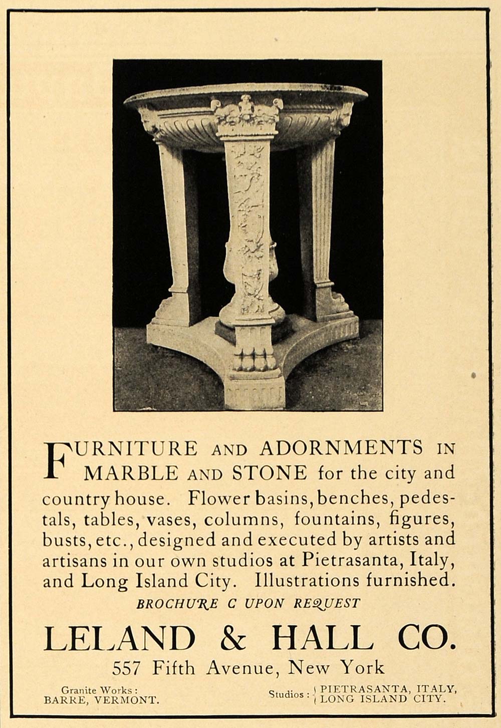1907 Ad Leland Hall Furniture Adornments 557 5th Ave NY - ORIGINAL CL9