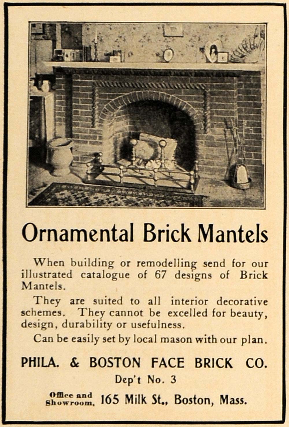 1907 Ad Ornamental Brick Mantels Fireplace Home Decor - ORIGINAL ADVERTISING CL9