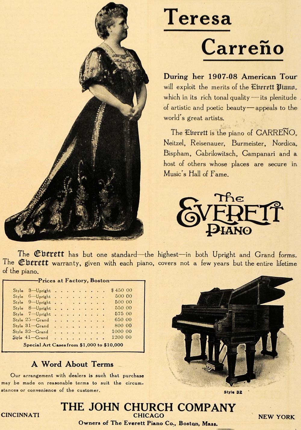 1907 Ad John Church Everett Piano Music Teresa Carreno - ORIGINAL CL9