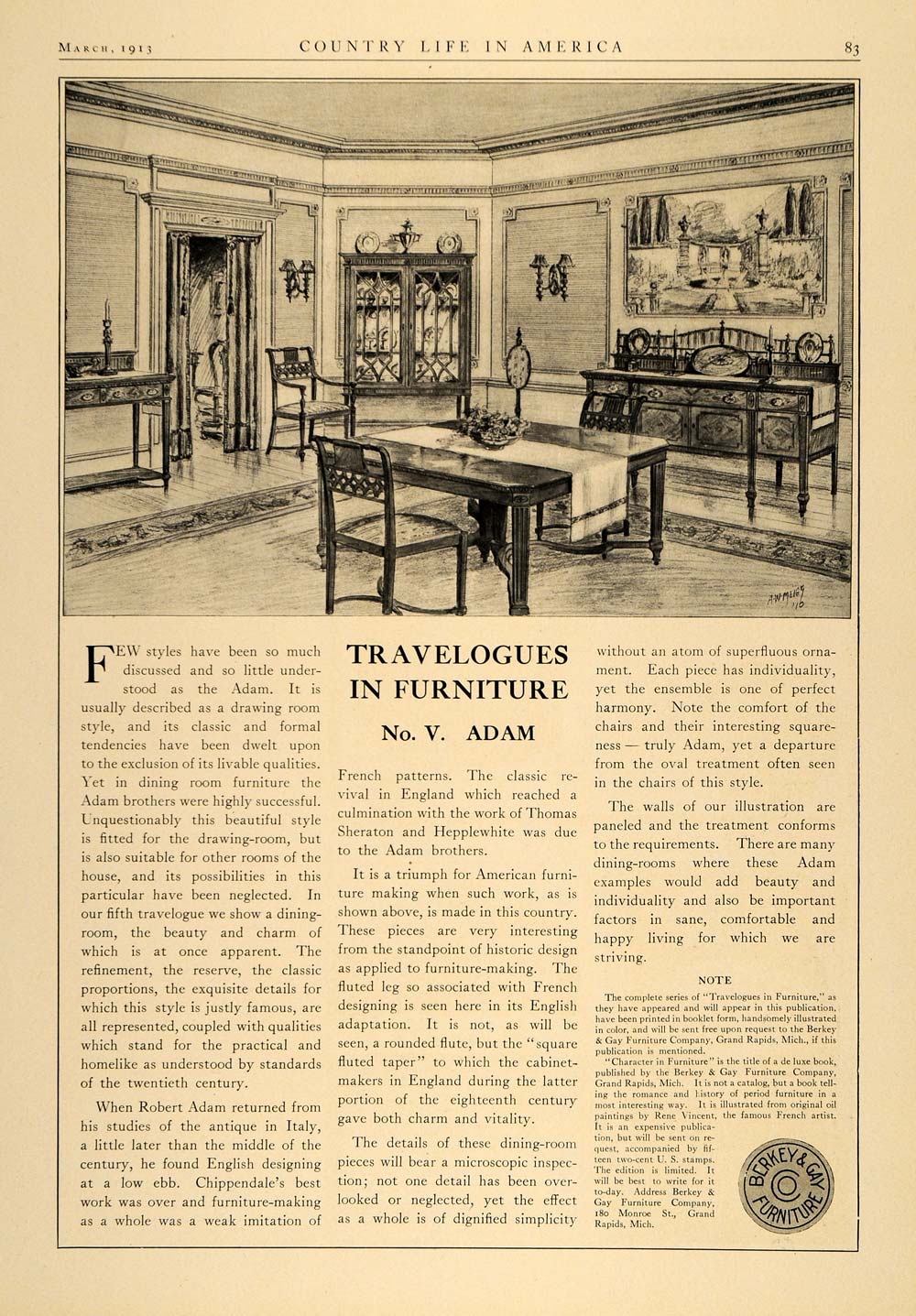 1913 Article Furniture Travelogues Robert Adam Sheraton - ORIGINAL CL9