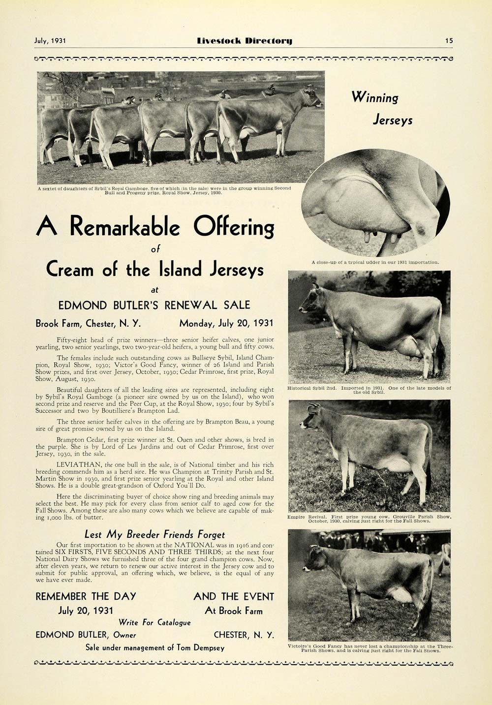 1931 Ad Edmond Butler Island Jersey Cattle Sale Farming Agriculture Prize COL2