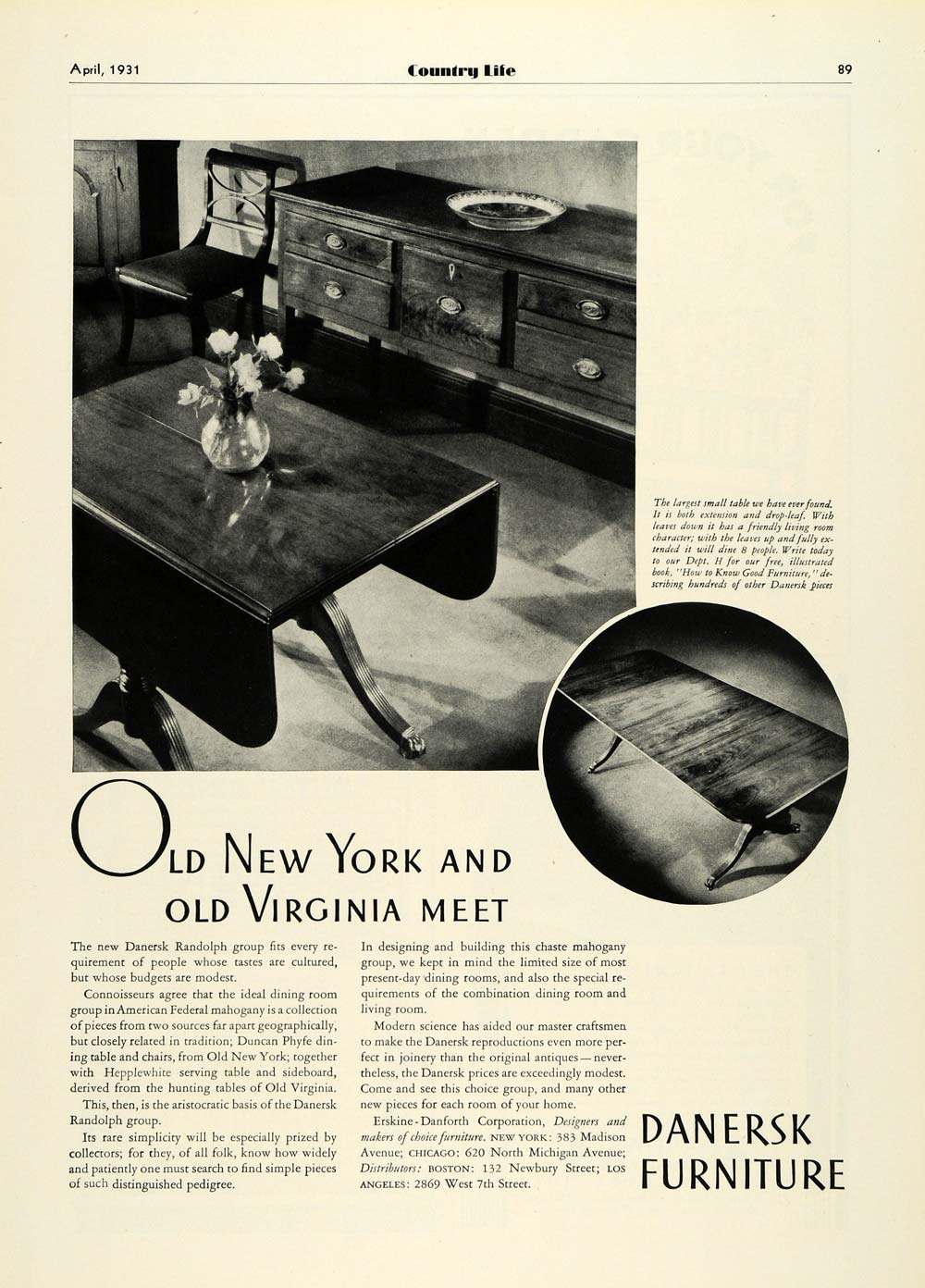 1931 Ad Erskine Danforth Danersk Randolph Home Furniture Phyfe Dining Table COL2