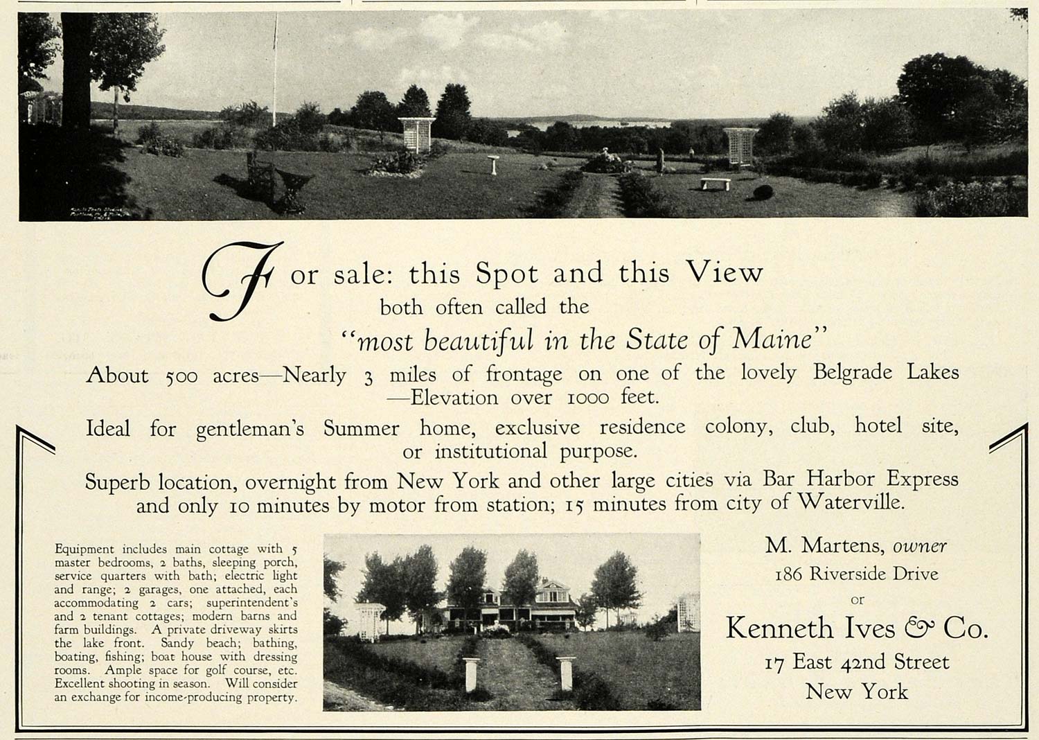 1931 Ad Kenneth Ives Belgrade Lakes Maine Real Estate M. Martens Home COL2