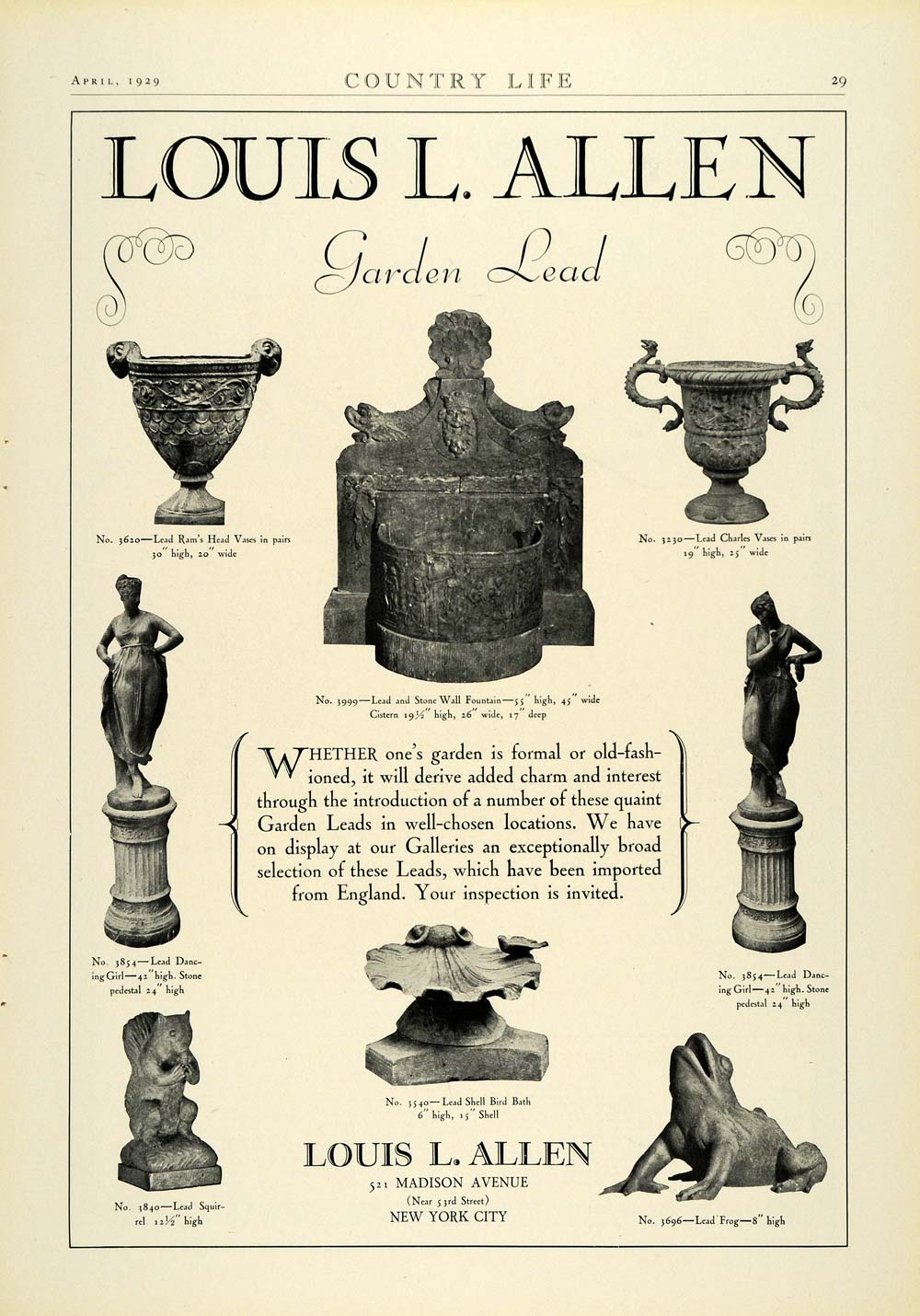 1929 Ad Louis L. Allen Garden Lead Decor Statues Vases Fountains Bird Bath COL2