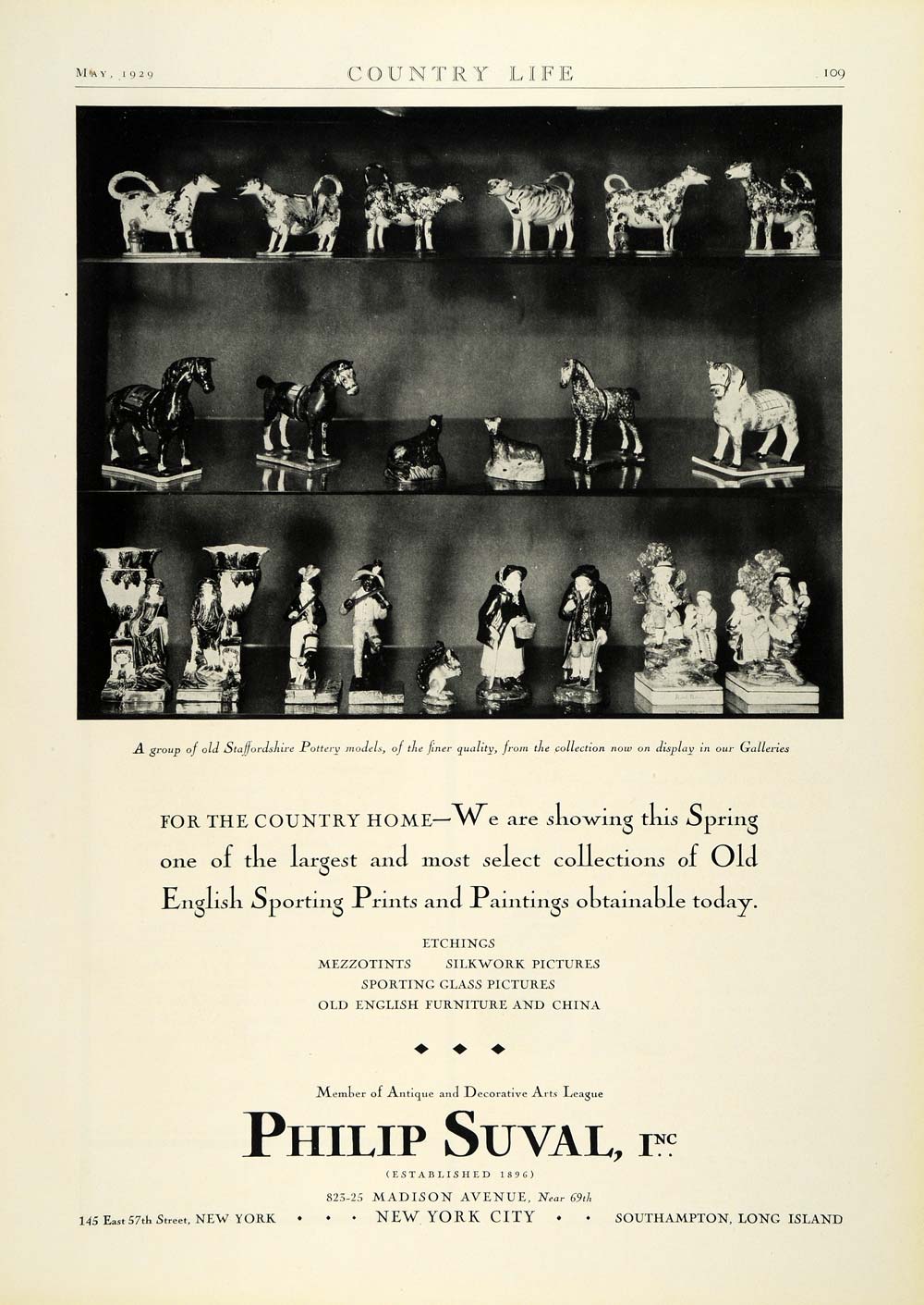 1929 Ad Philip Suval Inc Madison Avenue Staffordshire Pottery Models China COL2