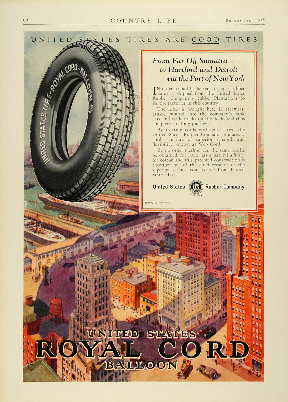 1926 Ad Royal Cord Balloon United States Rubber Tire New York Port Auto COL3