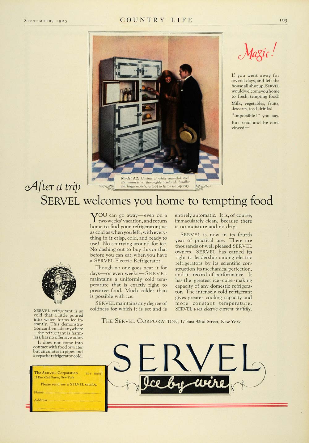 1925 Ad Servel Antique Electric Refrigerator Model A2 Cabinets Kitchen COL3