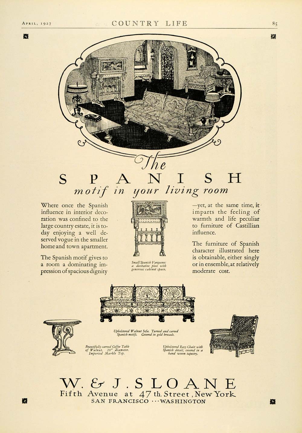 1927 Ad W.J. Sloane Spanish Living Room Decor Furniture Chairs Sofa Coffee COL3
