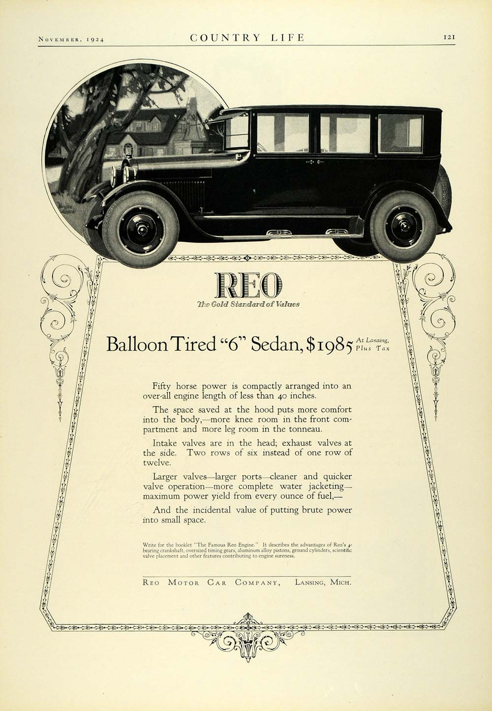 1924 Ad Antique Enclosed Reo Balloon Tired 6 Sedan Automobile Car Features  COL3