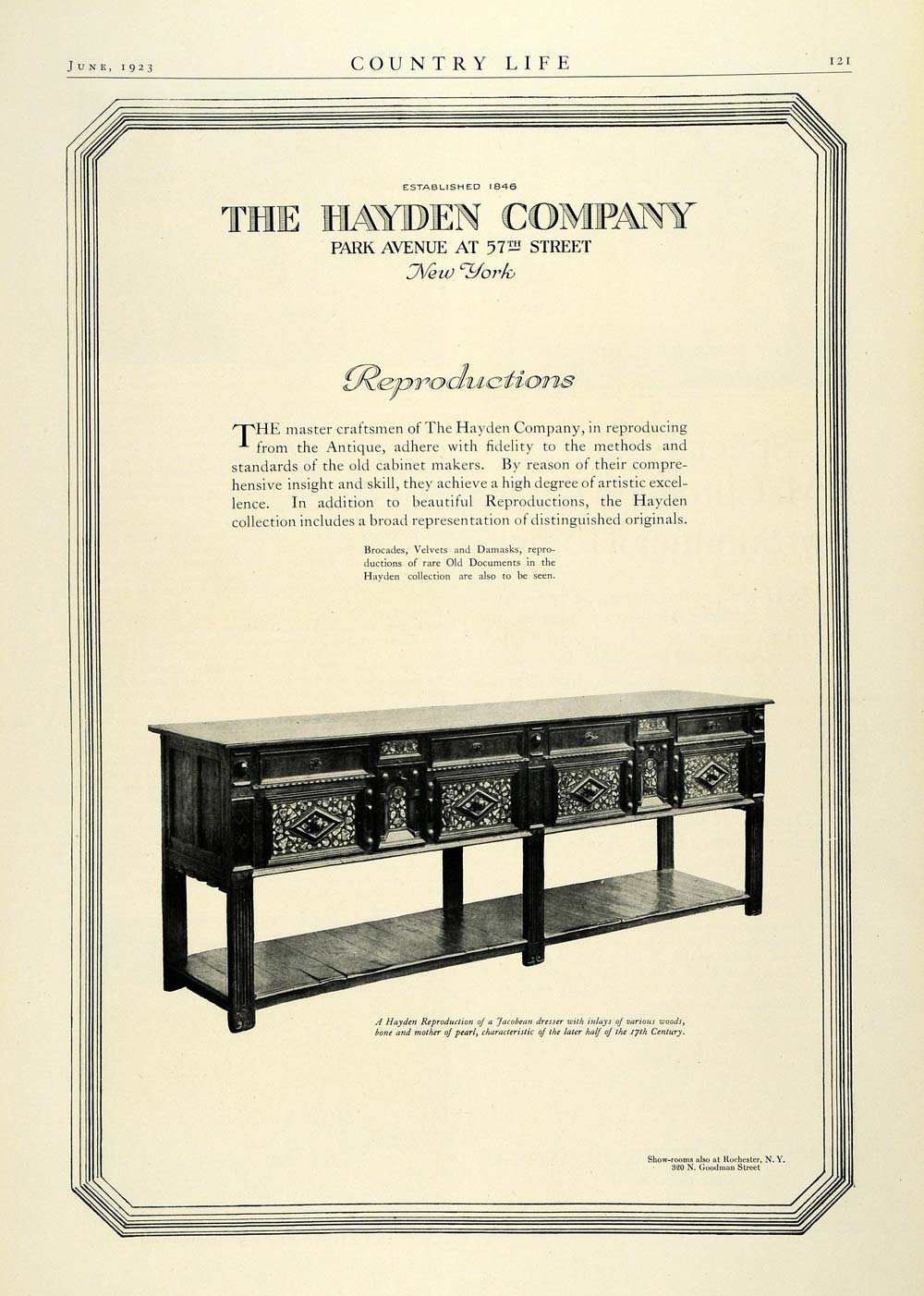 1923 Ad Hayden Co Reproduction Furniture Brocades Jacobean Dresser 17th COL3