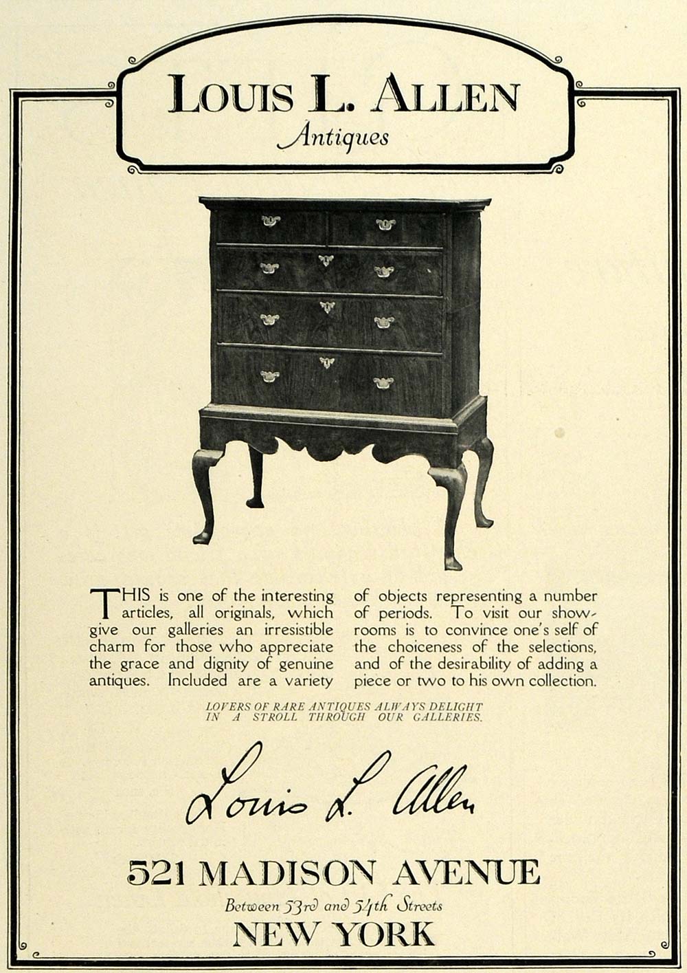 1923 Ad Louis L. Allen Antique Furniture Dresser 521 Madison Avenue New COL3