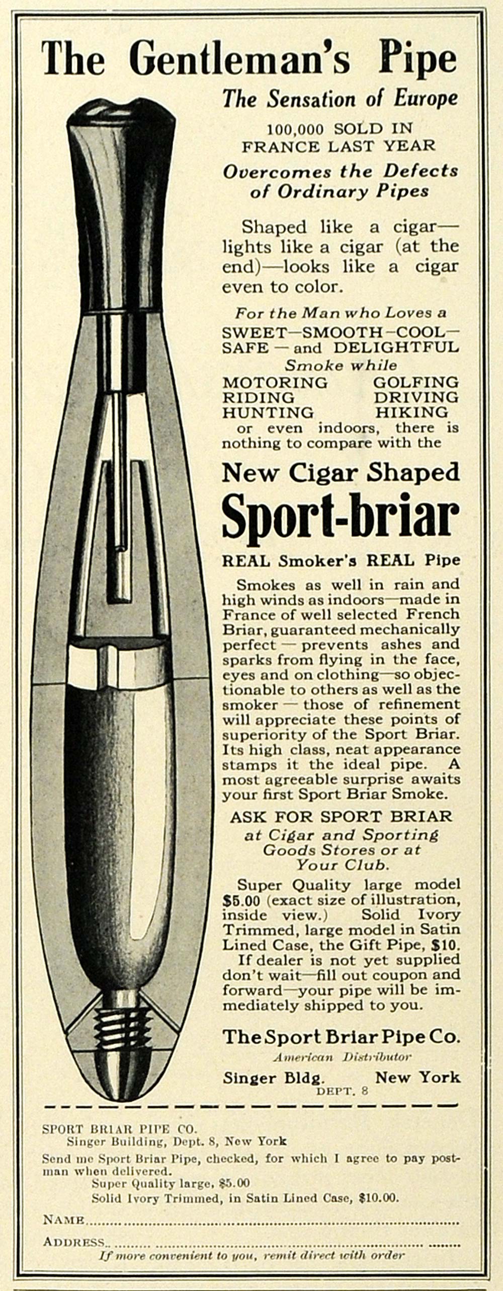 1923 Ad French Sport Briar Pipe Tobacco Cigar Smoking Accessories Pricing COL3