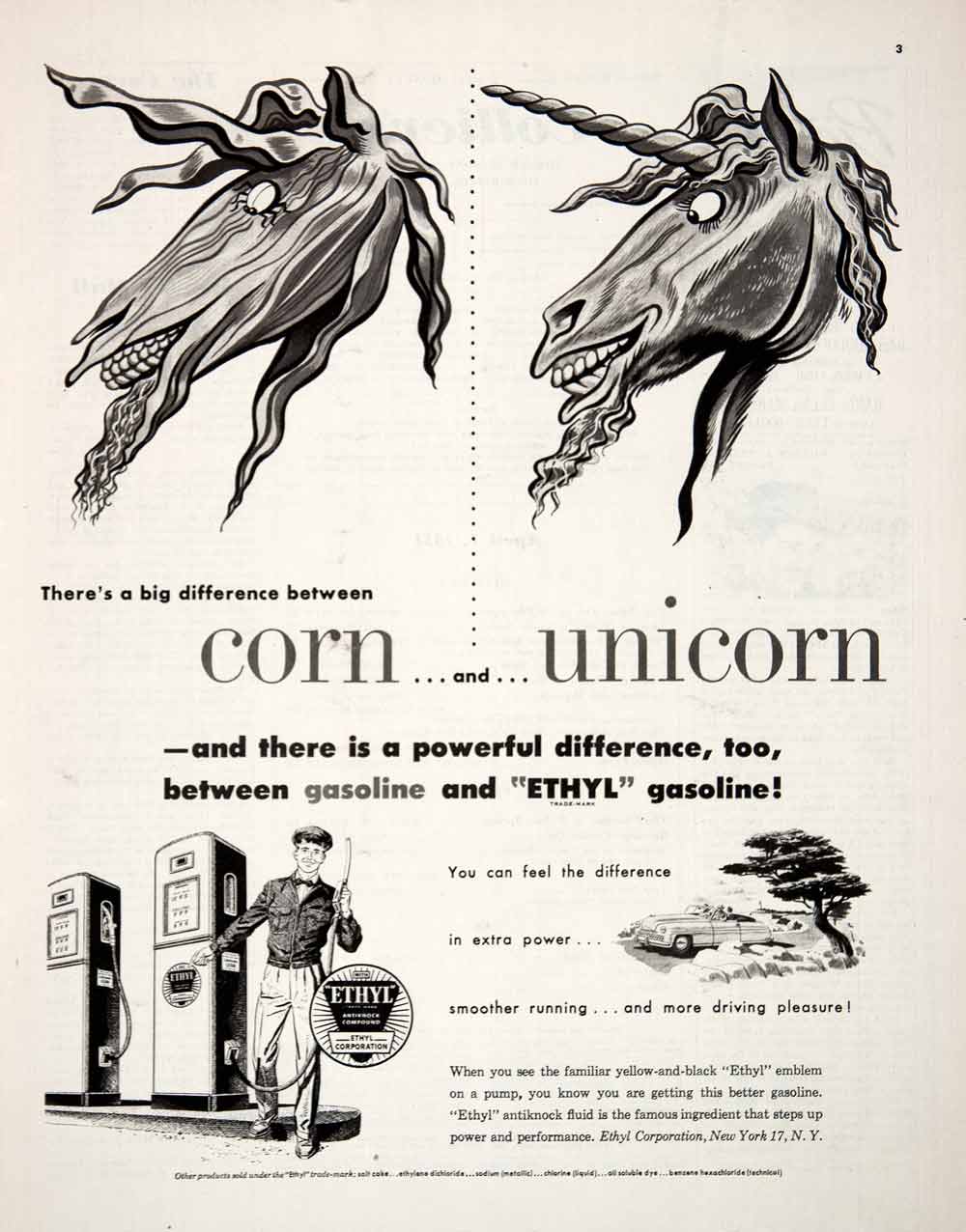 1951 Ad Ethys Antikncok Gasoline Compound Corn Unicorn Automobile Pump COLL3