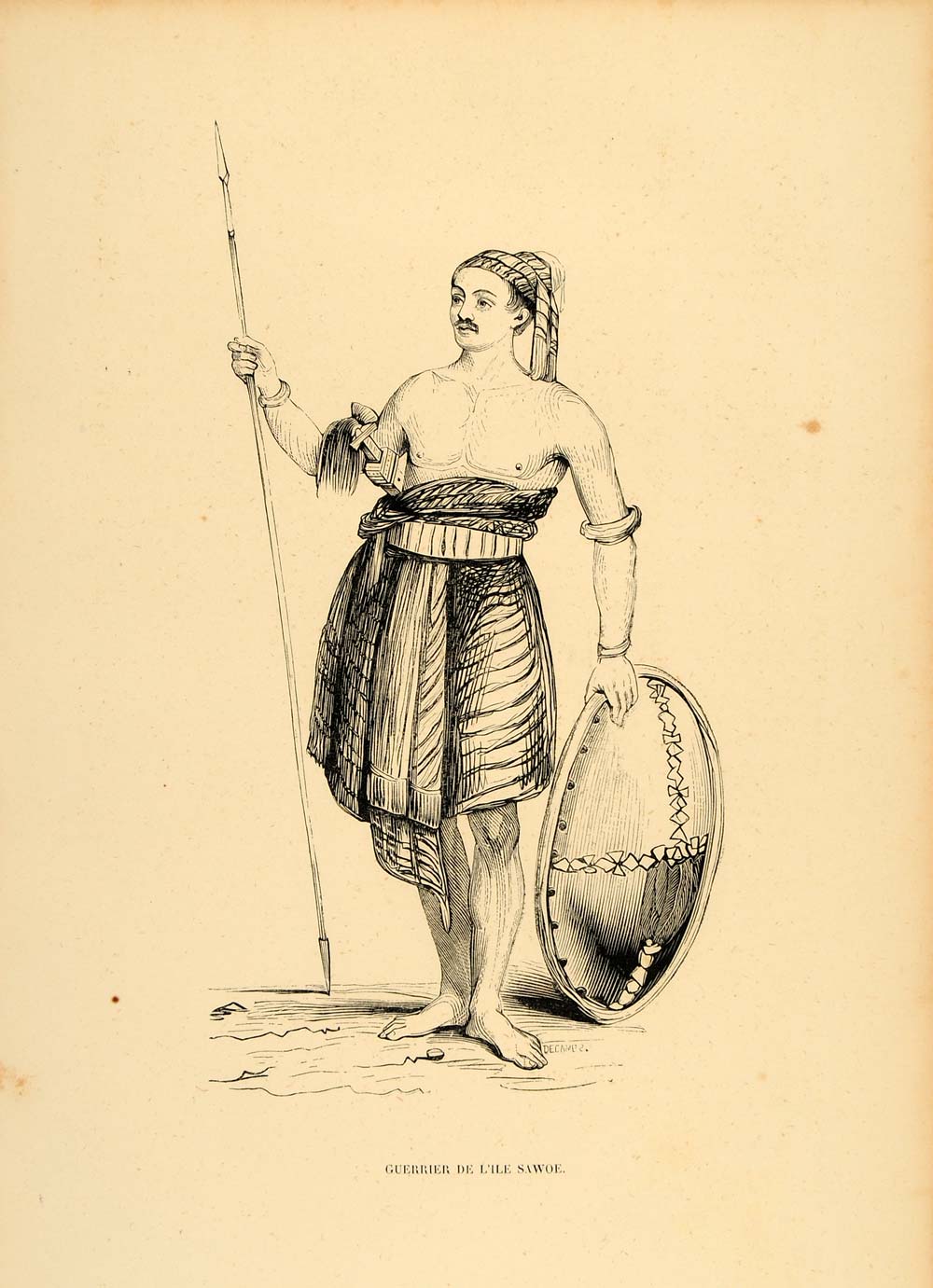 1843 Engraving Costume Warrior Savu Islands Indonesia - ORIGINAL CW1