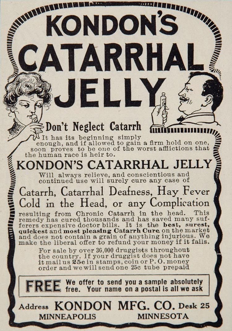 1907 Ad Catarrh Deafness Cure Quackery Kondon Jelly - ORIGINAL ADVERTISING DEAF