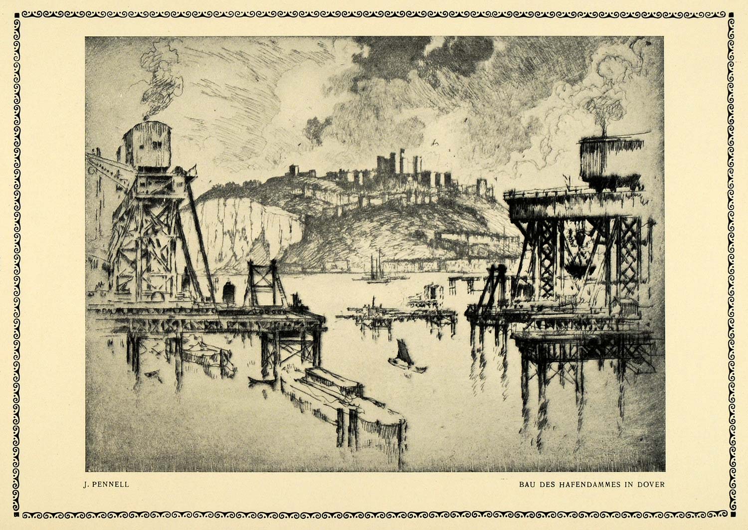 1914 Print Construction Jetty Dover Hafendammes Drawing J Pennell Ferry DKU1