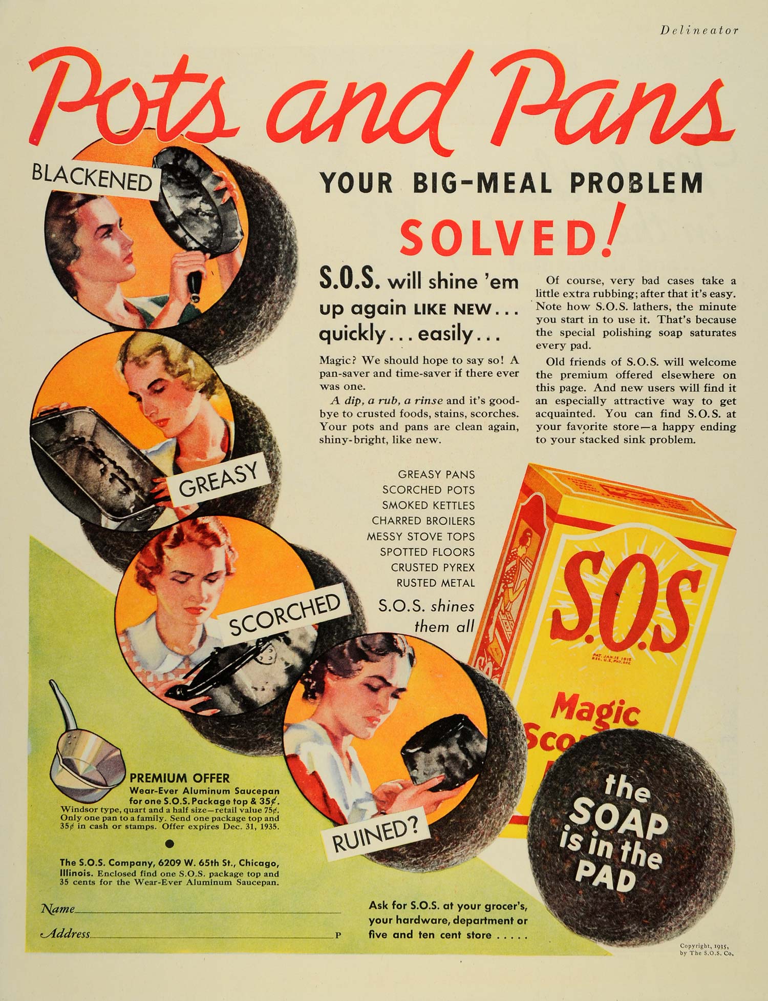 1935 Ad SOS Magic Scouring Pads Polishing Soap Pan Pots Female Cleaning DL2