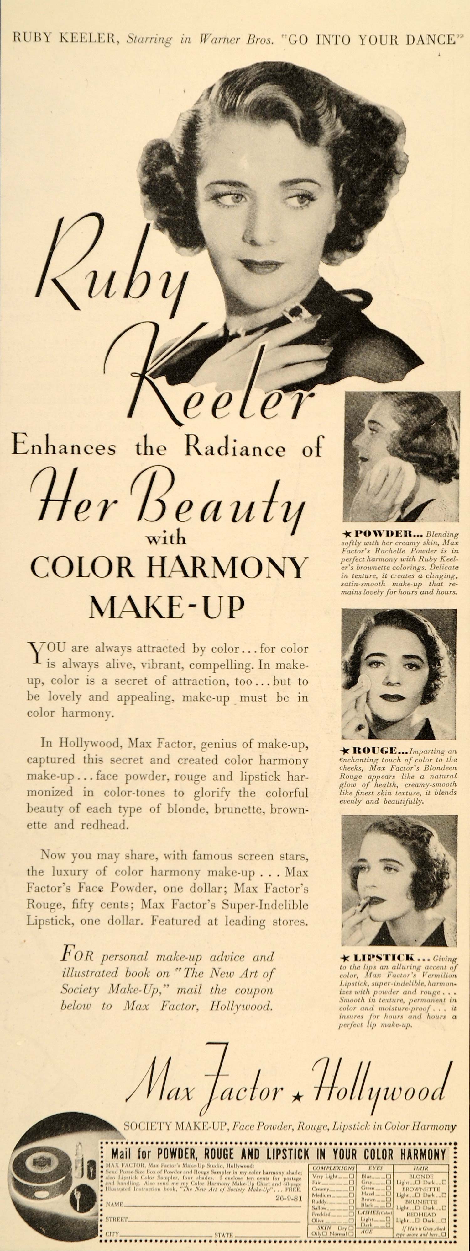 1935 Ad Max Factor Hollywood Make-Up Studios Rouge Ruby Keeler Warner Bro  DL2