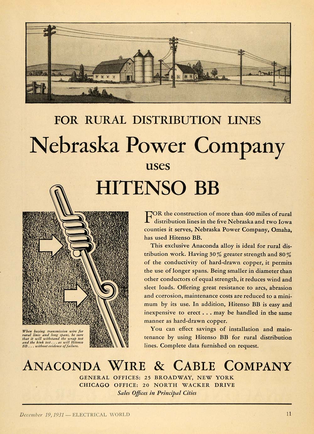 1931 Ad Anaconda Wire Cable Company Hitenso BB Alloy - ORIGINAL ADVERTISING ELC1