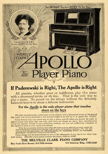 1911 Ad Paderewski Melville Clarks Apollo Player Piano - ORIGINAL EM1